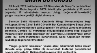 Sinop Valiliği: 'Sinop açıklarında Malta bayraklı Bata isimli yük gemisinde meydana gelen yangında, olaya ilk müdahale eden ekipler tarafından 16...