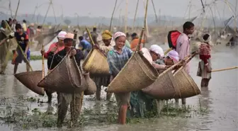 Hindistan'ın Assam Eyaletinde Bhogali Bihu Festivali İçin Toplu Halde Balık Tutuldu