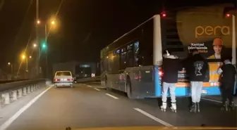 Patenli gençlerden 50 kilometre hızla giden otobüs arkasında ölüme davetiye