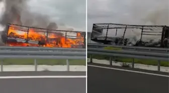 Nevresim yüklü tır alevlere teslim oldu, dorse hurdaya döndü