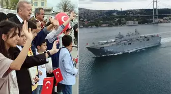 23 Nisan'da Boğaz'dan geçen TCG Anadolu, Cumhurbaşkanı Erdoğan'ı ve çocukları selamladı