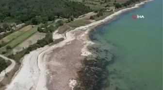 Suların çekildiği Terkos Gölü'nde ortaya çıkan tarihi yol havadan görüntülendi