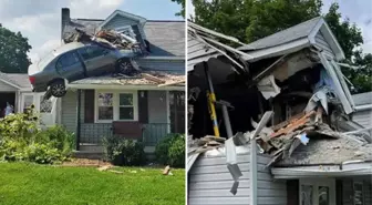 Araç, menfeze çarptıktan sonra 2 katlı evin çatı penceresinden içeri girdi