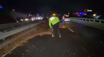 Polis eline aldığı fırçayla devrilen tırdan yola dökülen talaşı temizledi