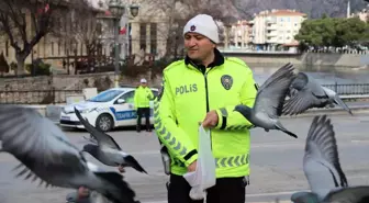 Amasya'da trafik polisi güvercinleri besledi