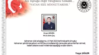 MSB, Konya'da düşen uçakta şehit olan Hv.İs.Uzm.Çvş. Ercan Güven için başsağlığı mesajı yayımladı