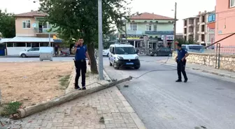 Karaman'da kökünden kırılan ağaç telefon direği kaldırıma devrildi