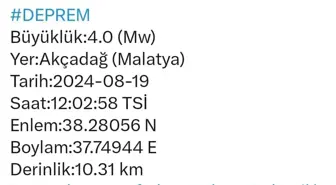 Malatya'nın Akçadağ ilçesinde 4 büyüklüğünde deprem meydana geldi