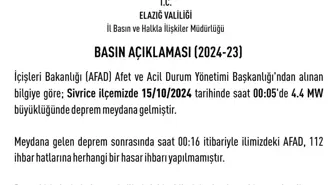 Elazığ'da 4,4 Büyüklüğünde Deprem