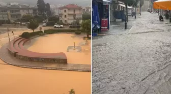 İzmir'de pazar yeri göle döndü, masa ve sandalyeler akıntıda sürüklendi