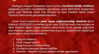 Melikgazi Kayseri Basketbol Takımı Olağan Genel Kurul Duyurusu