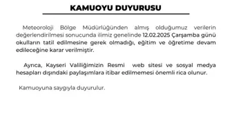 Kayseri'de Eğitime Ara Verilmeyecek