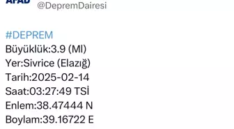 Elazığ'da 3.9 Büyüklüğünde Deprem