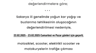 Sakarya'da Zorlu Hava Koşulları Nedeniyle Motosiklet ve Scooter Trafiği Yasaklandı