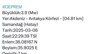 Hatay'da 3.9 Büyüklüğünde Deprem