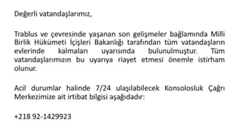 Türkiye'nin Trablus Büyükelçiliği'nden Evde Kal Uyarısı