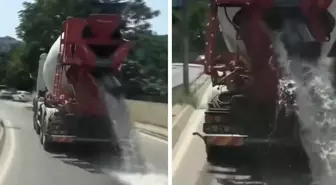 İstanbul'da hafriyat kamyonu betonlu suyu yola döktü
