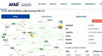 Samsun'un Ladik İlçesinde 3.6 Büyüklüğünde Deprem