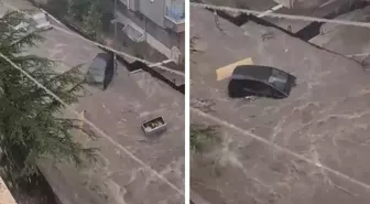Ankara'da yağış kabusu! Sular bir aracı böyle sürükledi