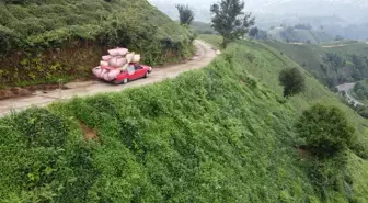 Otomobiliyle Çay Taşıyan Çiftçi, Dronla Görüntülendi