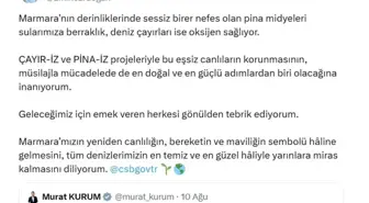 Emine Erdoğan'dan Marmara Denizi'nde başlatılan pina midyeleri ve deniz çayırları projesine ilişkin paylaşım Açıklaması