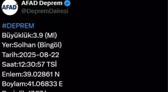 Bingöl'ün Solhan ilçesinde 3.9 büyüklüğünde deprem