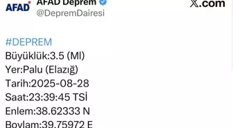 Elazığ'ın Palu ilçesinde 3.5 büyüklüğünde deprem