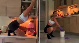 Ebru Şallı hem temizlik hem pilates yaptı