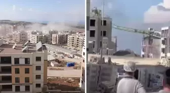 Tozu dumana kattı! Patlamanın etkisiyle sarsılan kule vinç, binanın üzerine devrildi!