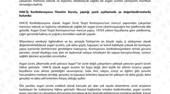 HAK-İŞ'ten 'Asgari Ücret Tespit Komisyonu' açıklaması