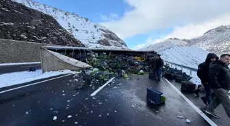 Bitlis-Diyarbakır kara yolunda sebze yüklü tır devrildi