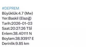 Elazığ'da 4.7 büyüklüğünde deprem