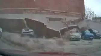 Eskişehir'de duvarın araçların üzerine devrildiği anlar kamerada