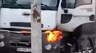 Beton kamyonu alev aldı, esnaf güçlükle söndürebildi