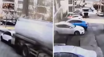 Freni boşalan akaryakıt tankerinin 8 aracı hurdaya çevirdiği anlar güvenlik kamerasında