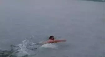 Yüzeyi buz tutan havuzda yüzdü; o anlar kamerada