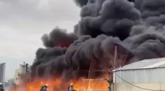 Büyükçekmece'de fabrikanın açık alanındaki yangına itfaiye müdahale ediyor