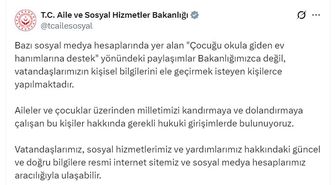 Bakanlıktan, 'Çocuğu okula giden ev hanımlarına destek' iddialarına yalanlama