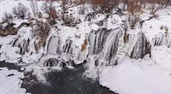 Kısmen donan Muradiye Şelalesi'nde kış güzelliği
