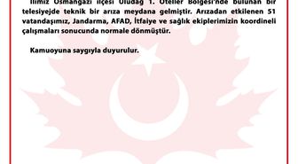 Uludağ'da telesiyej arızalandı; metrelerce yükseklikte mahsur kalan 51 kişi kurtarıldı