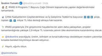 Bakan Yumaklı: IPARD 3 Programı 7'nci çağrı dönemi değerlendirmeleri tamamlandı