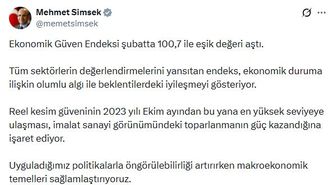 Bakan Şimşek: Ekonomik güven endeksi şubatta 100,7 ile eşik değeri aştı