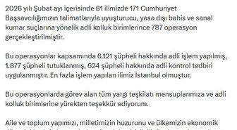 Bakan Gürlek: Şubatta yasa dışı bahis, sanal kumar ve uyuşturucudan 1877 şüpheli tutuklandı