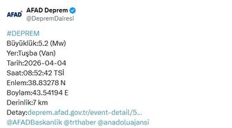 Van'da 5.2 büyüklüğünde deprem