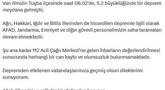 Van'da 5.2 büyüklüğünde deprem