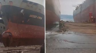 Dev gemi Aliağa açıklarında karaya oturdu