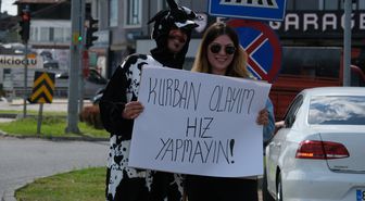 Akan trafikte inek kostümüyle sürücülere hız yapmayın uyarısı