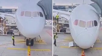 Frankfurt'ta korku dolu anlar: Lufthansa'nın Boeing 787-9 uçağının ön iniş takımı çöktü