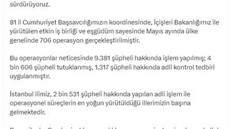 Adalet Bakanı Gürlek: Mayıs ayında 706 operasyonda 4 bin 606 kişi tutuklandı