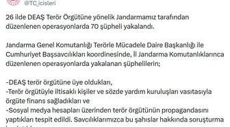 İçişleri Bakanlığı'ndan DEAŞ Operasyonu: 70 Şüpheli Yakalandı